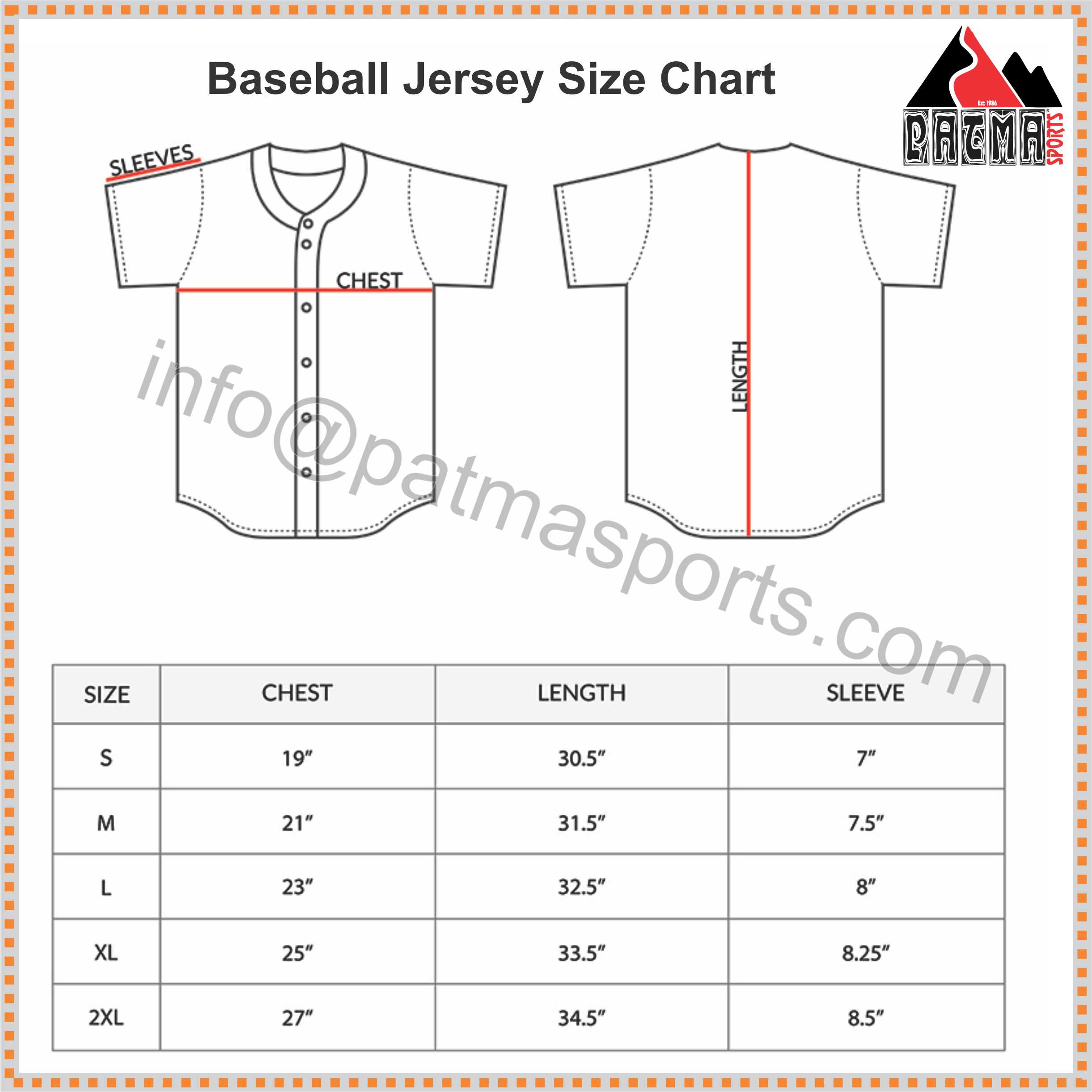 Baseball jersey Size Chart
